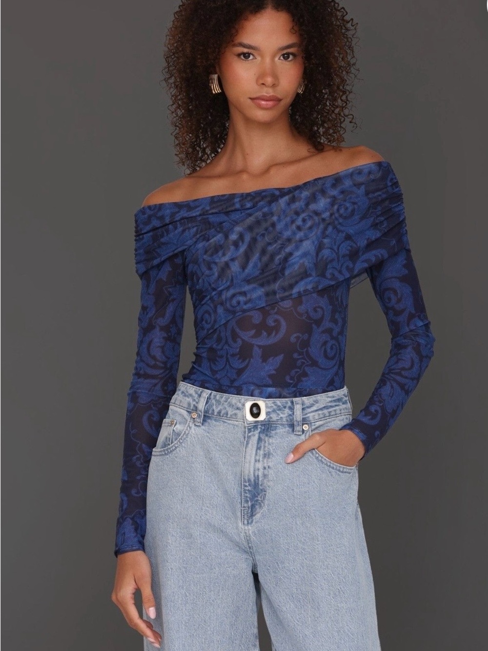 NWT Avec Les Filles XL  Off Shoulder Mesh Bodysuit Blue Paisley Ruched